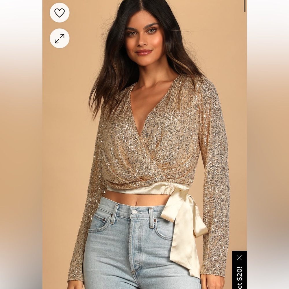NWT Lulus She's Got It All Gold Sequin‎ Faux-Wrap Long Sleeve Crop Top
